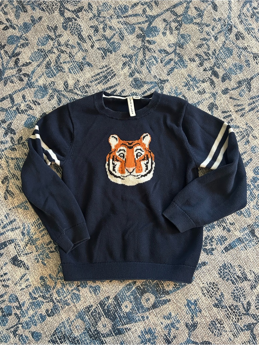 Janie & Jack Boys Tiger Sweater Size 6 Navy Blue Crewneck Varsity Preppy